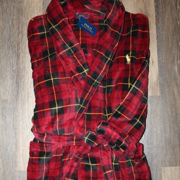 NWT MEN'S POLO RALPH LAUREN PLUSH PLAID BATH ROBE RED BLACK YELLOW - Picture 8 of 8